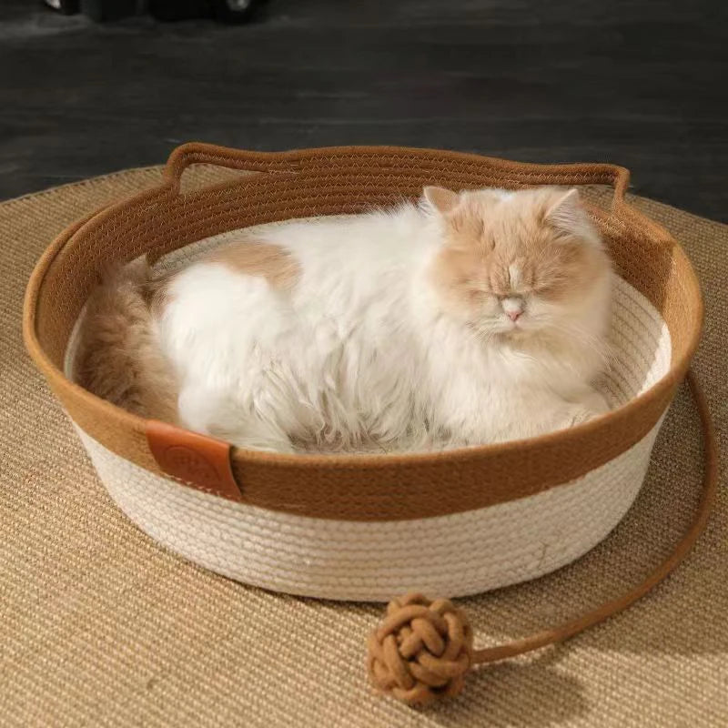 MADDEN Japanese Pet Cat Bed Round Hand Woven Rattan Cat Beds Summer Cooling Kitten Basket Cotton Rope Cat Scratching Baskets