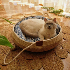 OUZEY 2024 New Rattan Woven Cat Bed Pet Nest All Seasons Comfortable Sleeping 35/40cm Cat Nesk Round Cat House Puppy Dog Bed