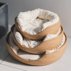 Pet Cat Mat Dog Bed Sofa Handmade Bamboo Weaving Four Season Cozy Nest Baskets Waterproof Removable Cushion Sleeping House