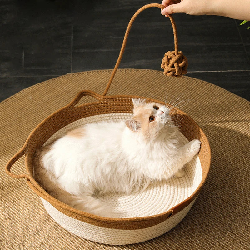 MADDEN Japanese Pet Cat Bed Round Hand Woven Rattan Cat Beds Summer Cooling Kitten Basket Cotton Rope Cat Scratching Baskets