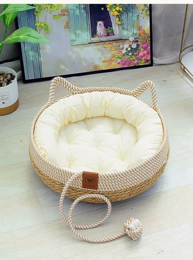 OUZEY 2024 New Rattan Woven Cat Bed Pet Nest All Seasons Comfortable Sleeping 35/40cm Cat Nesk Round Cat House Puppy Dog Bed