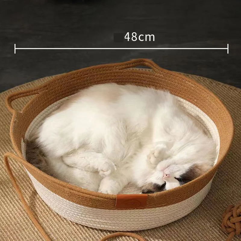 MADDEN Japanese Pet Cat Bed Round Hand Woven Rattan Cat Beds Summer Cooling Kitten Basket Cotton Rope Cat Scratching Baskets