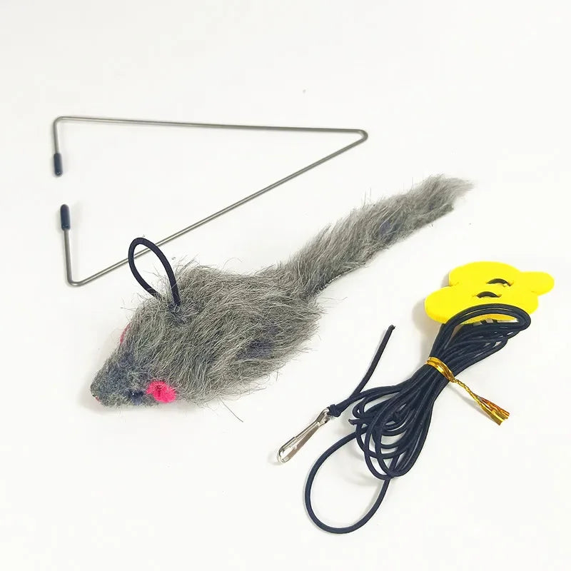 Mouse and Cat Toy Triangle Clamp Hanging Door Swing Mouse and Cat Stick Hanging Elastic Cat Toy Mice for Cats Interactive Toy